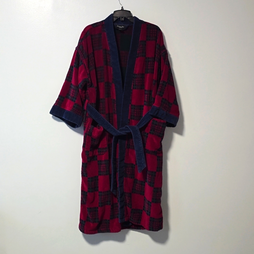 Vintage Christian Dior Men's Red Blue Green Checkered Robe